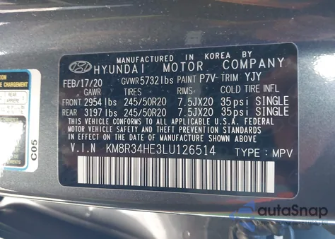 2020 Hyundai Palisade Sel из США, поврежденный, VIN KM8R34HE3LU126514